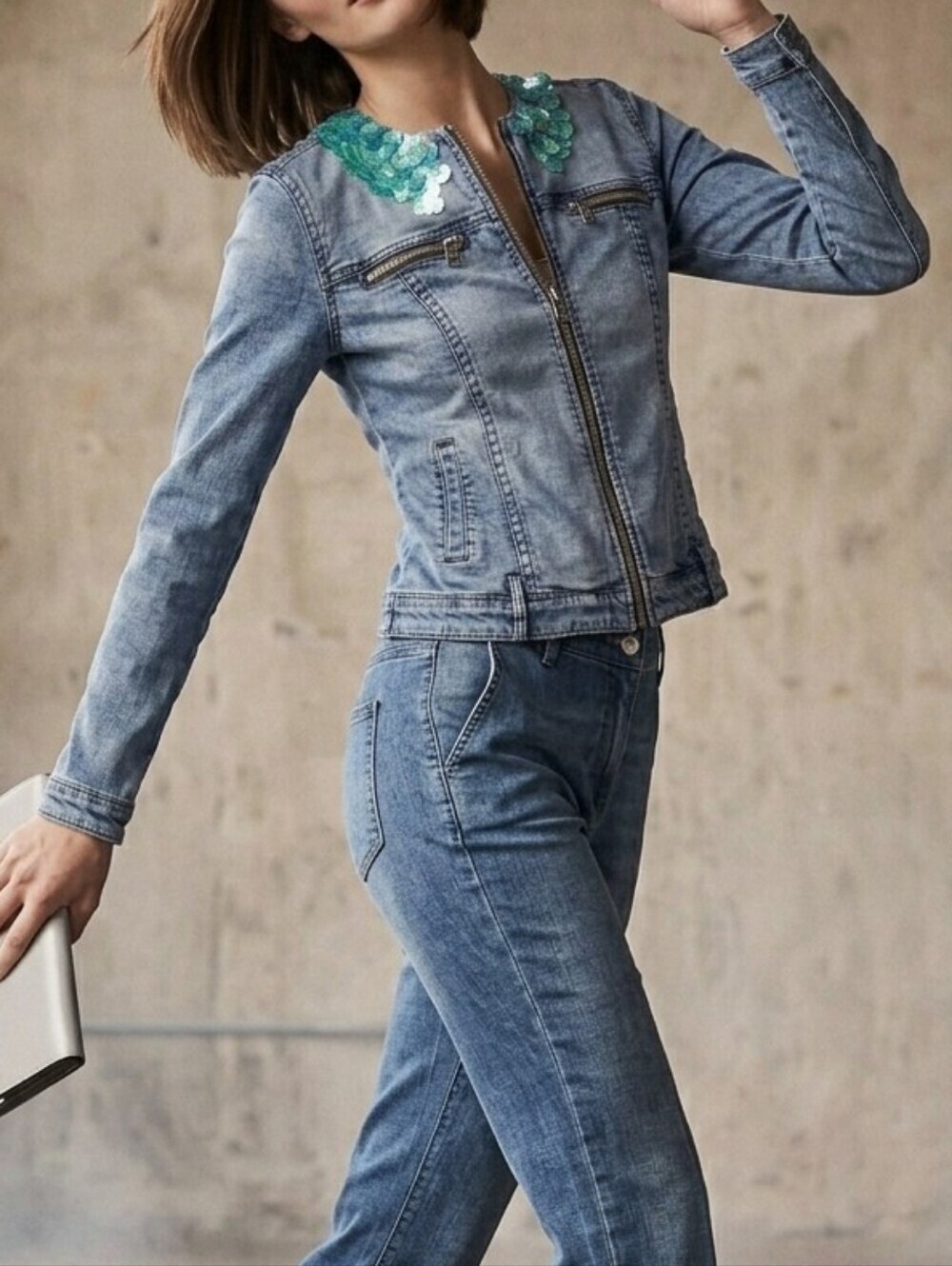 Silvian Heach Sequined Collarless Denim  Jacket XS